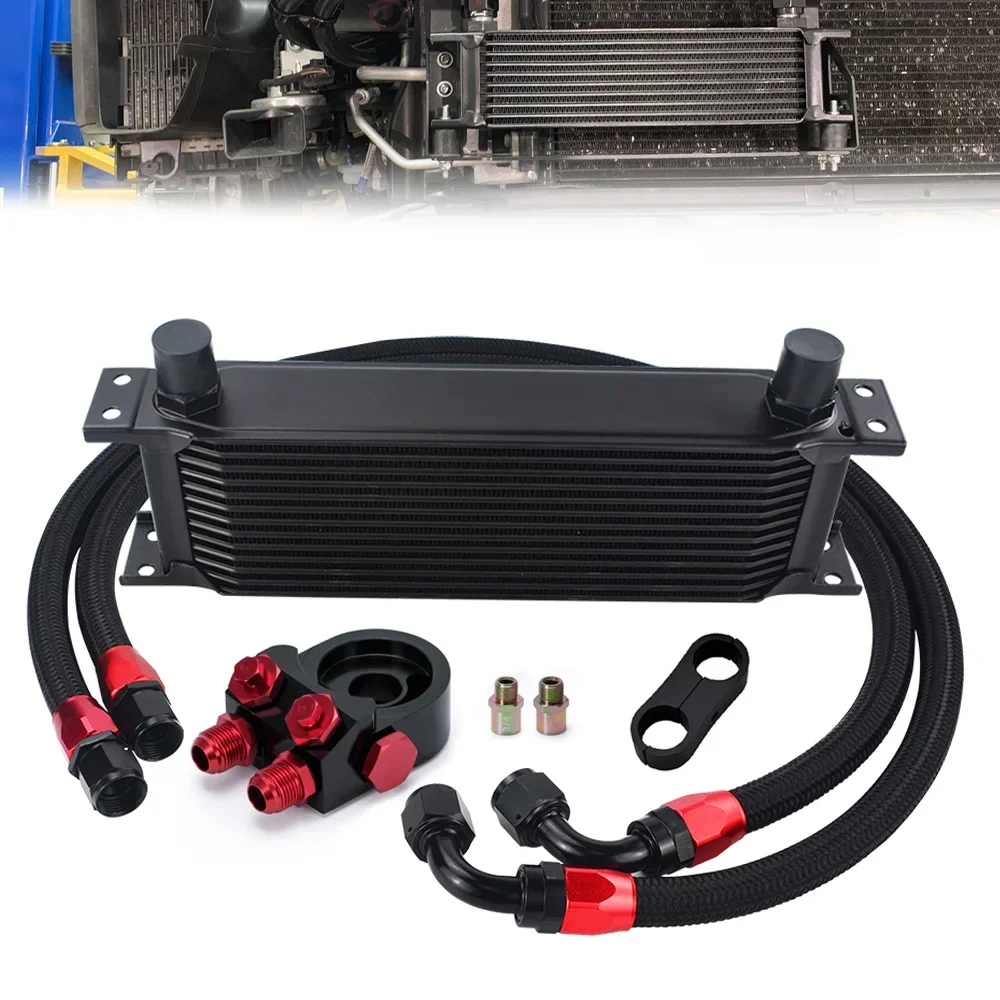 13 Row AN10 Thermostat Adaptor Engine Racing Oil Cooler Kit + Oil Filter Sandwich Adapter+ Nylon Stainless Steel Braided Hose