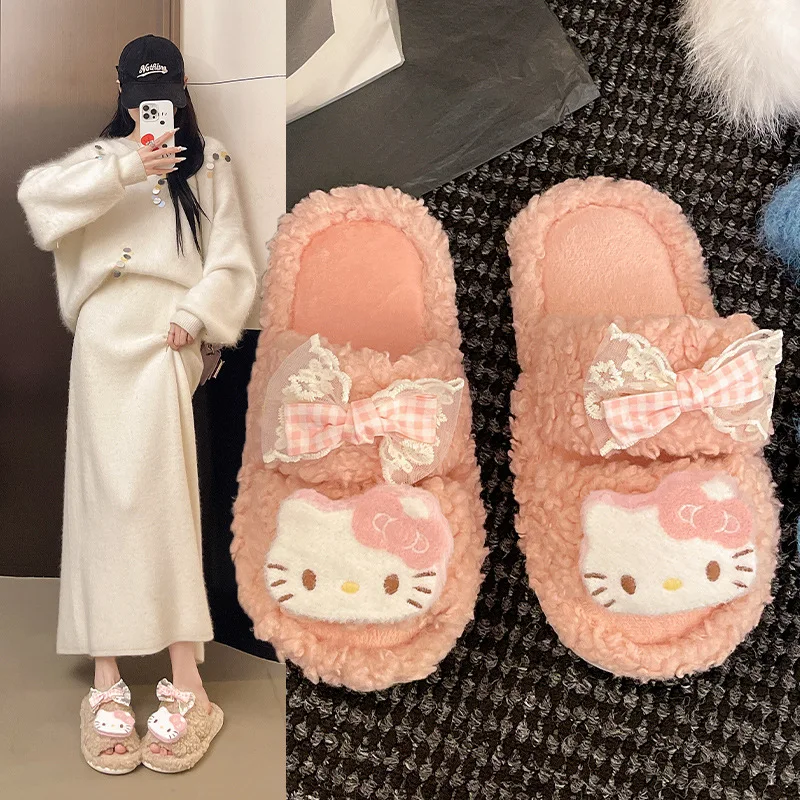 

Домашние плюшевые тапочки Hello Kitty, зимние женские теплые домашние нескользящие меховые тапочки, домашние тапочки в стиле аниме на толстой подошве для девочек