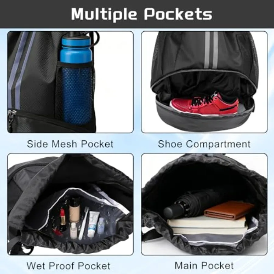 Sports Drawstring Backpack with Shoes Compartment, String Gym Bag with Wet Proof Pocket for Basketball, Soccer, Swim, Sport Bag view 4