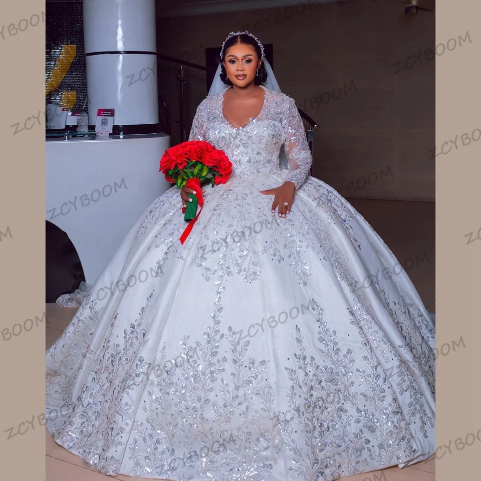 

Elegant Lvory/White V-Neck Long Sleeves Lace Up Wedding Dresses 2023 Floor Length Court Train Appliques Sequin Bridal Gown