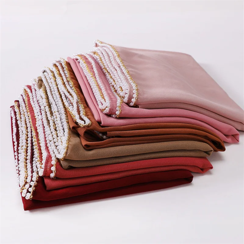 Luxusmarke Perlenkette Blase Chiffon Hijab Schleier Ramadan lange Halskette Schal Schal Kopftuch Bufandas muslimischen Stirnband 175*70cm