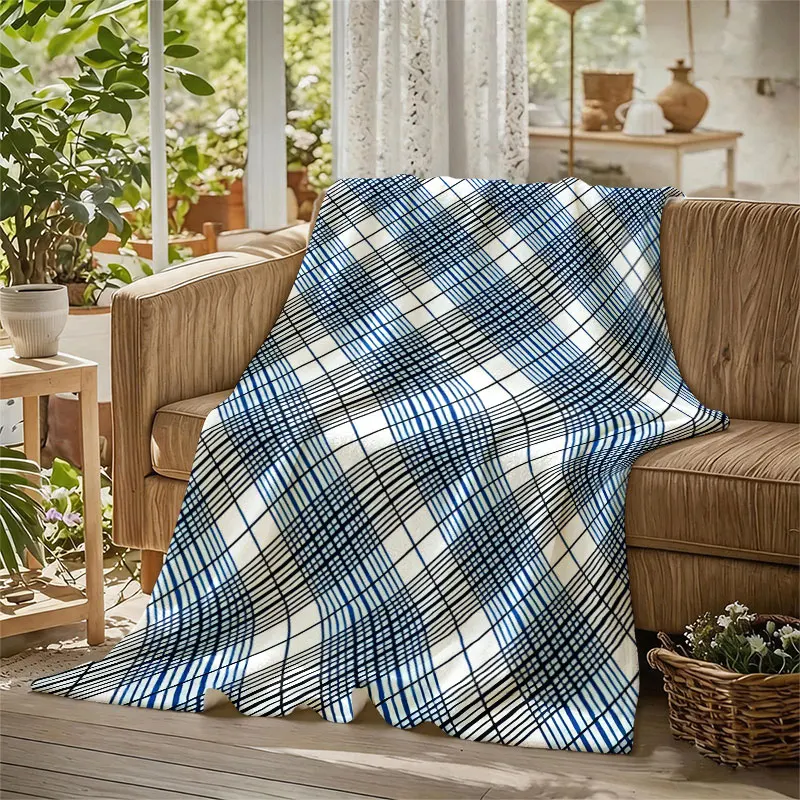 Blue Diagonal Plaid Flannel Blanket Warm Soft Halloween Christmas Decorative Couch Warm Cozy All-Season Gift