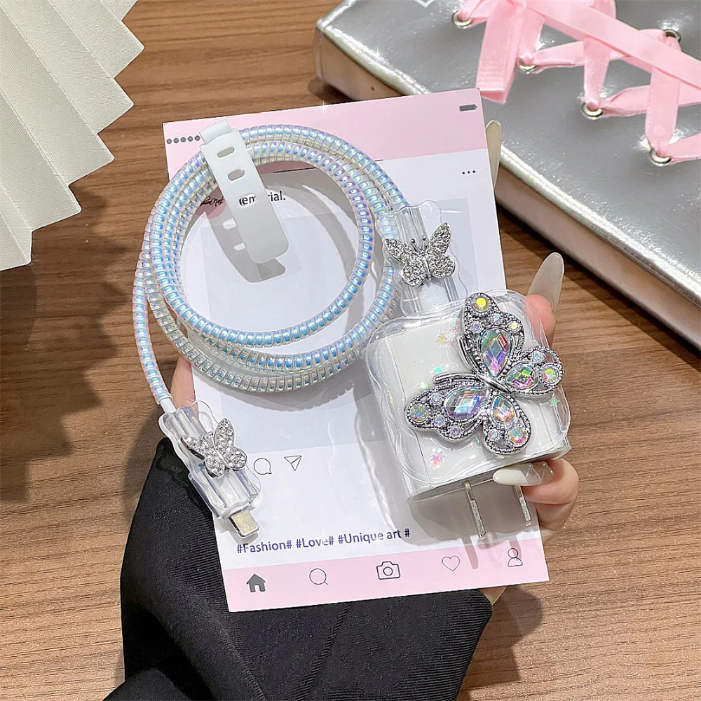 Diamond Butterfly Charger Protective Cover Sleeve Data Cable Winder for iPhone 18/20W Fast Charging Head Protector