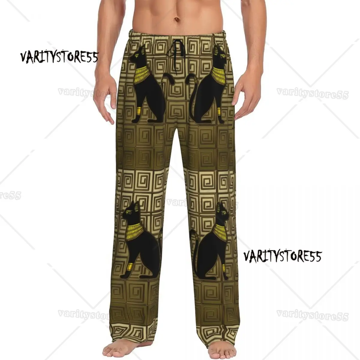 

Мужские пижамные штаны с египетским котом и золотым принтом, египетская одежда для сна с иероглифом и карманами