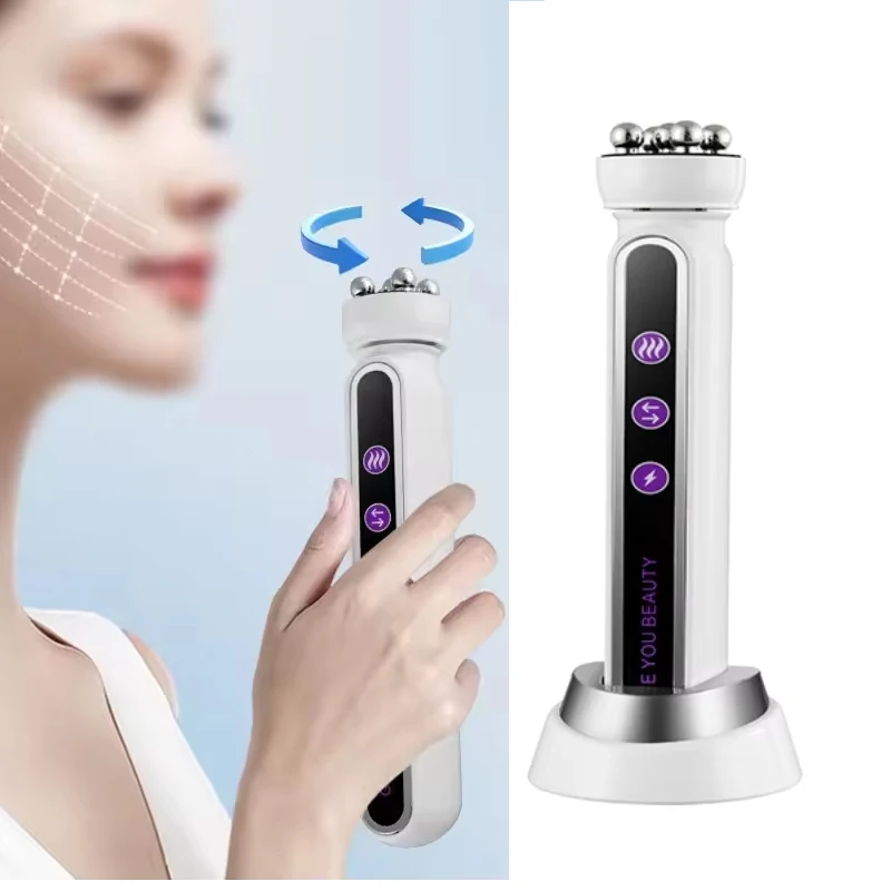 3 في 1 EMS للوجه 360 °   جهاز تدليك دوار لتدفئة الترددات اللاسلكية لخطوط رفيعة لرفع تجديد الجلد ومكركرنت ثابت للبشرة