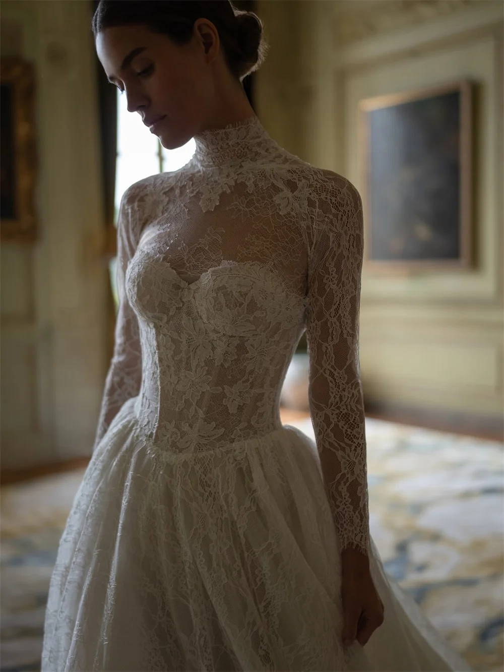 Tóquio personalizado branco alto decote vestidos de casamento manga longa zip tule tribunal trem vestido de noiva elegante a linha vestido de casamento