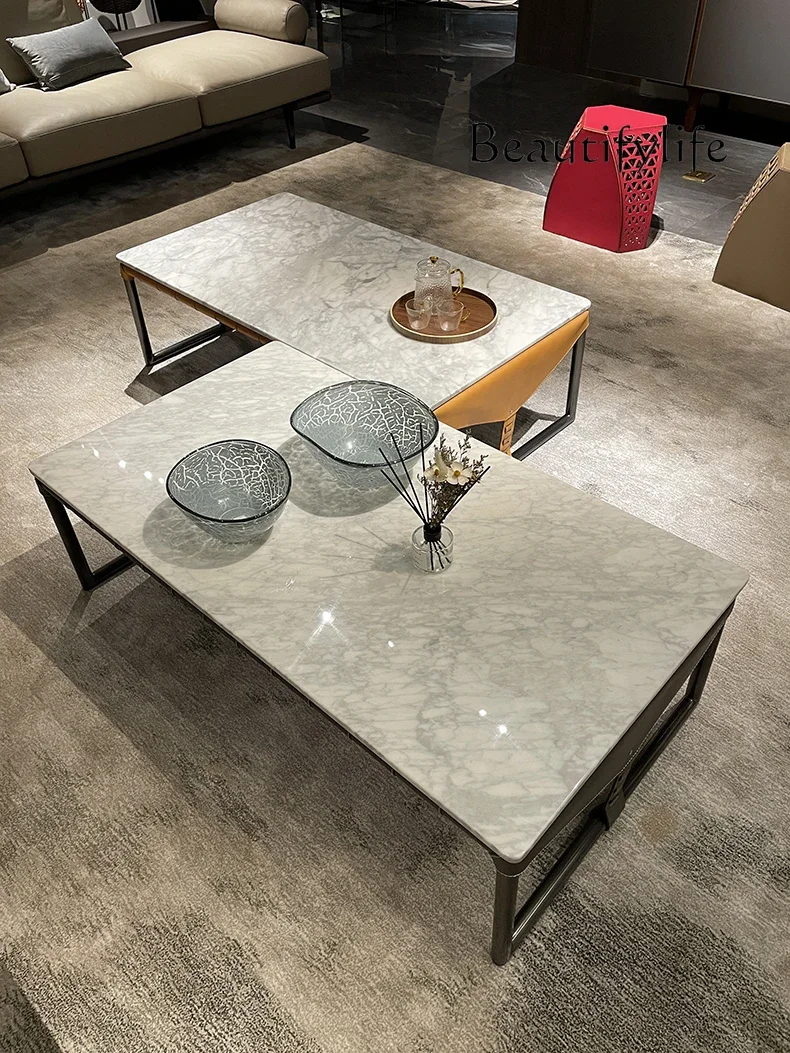 

Italian Mild Luxury Marble Coffee Table Living Room Home Modern Stainless Steel Saddle Leather Tea Table