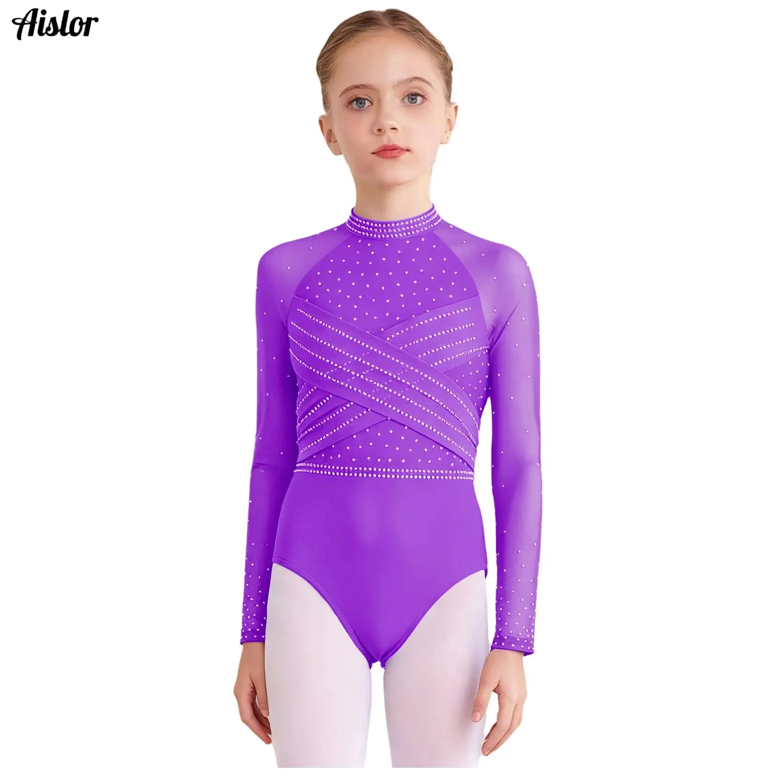 

Kids Girls Gymnastics Leotard Sheer Mesh Long Sleeves Cross Front Cutout Back Sparkling Rhinestones Bodysuit Ballet Dancewear