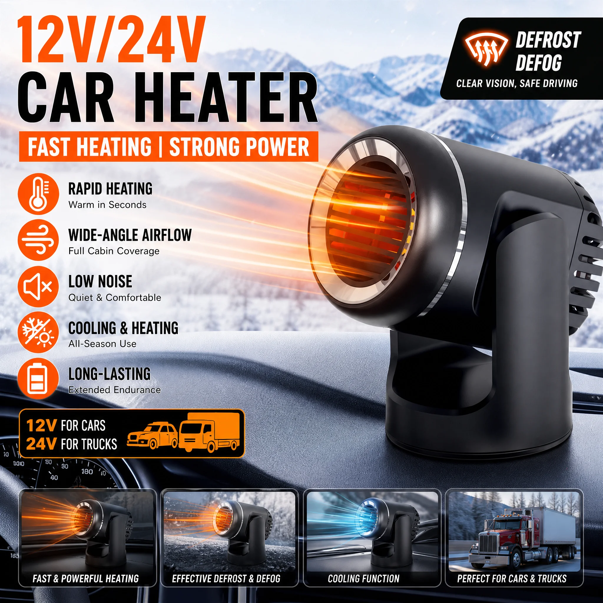 2026 New Upgrade Hot Air Blower Car Heater Fan 12V/24V Low Consumption Electric Interior Heater Heating Portable Fan For Car Win