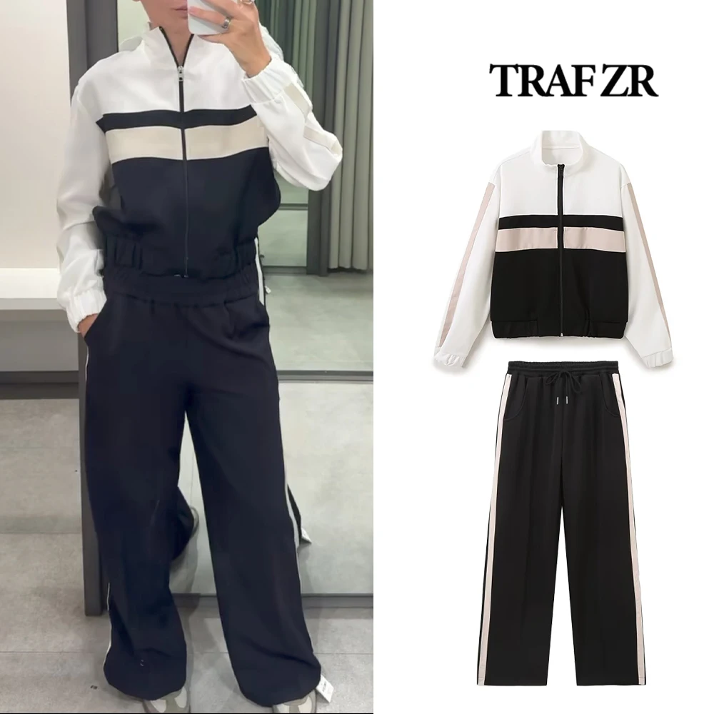 TRAF ZR Aesthetic Women\'s Two-piece Set Trouser Suits New Matching Pants Sets Long Sleeve Bomber Jacket Side Striped Pants