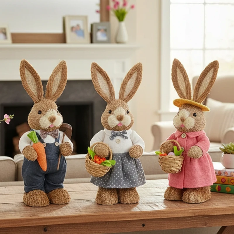 35cm Artisanal Straw Rabbit Decoration Handcrafted Natural Rustic Style Centerpiece for Home Table and Seasonal Festive Accents