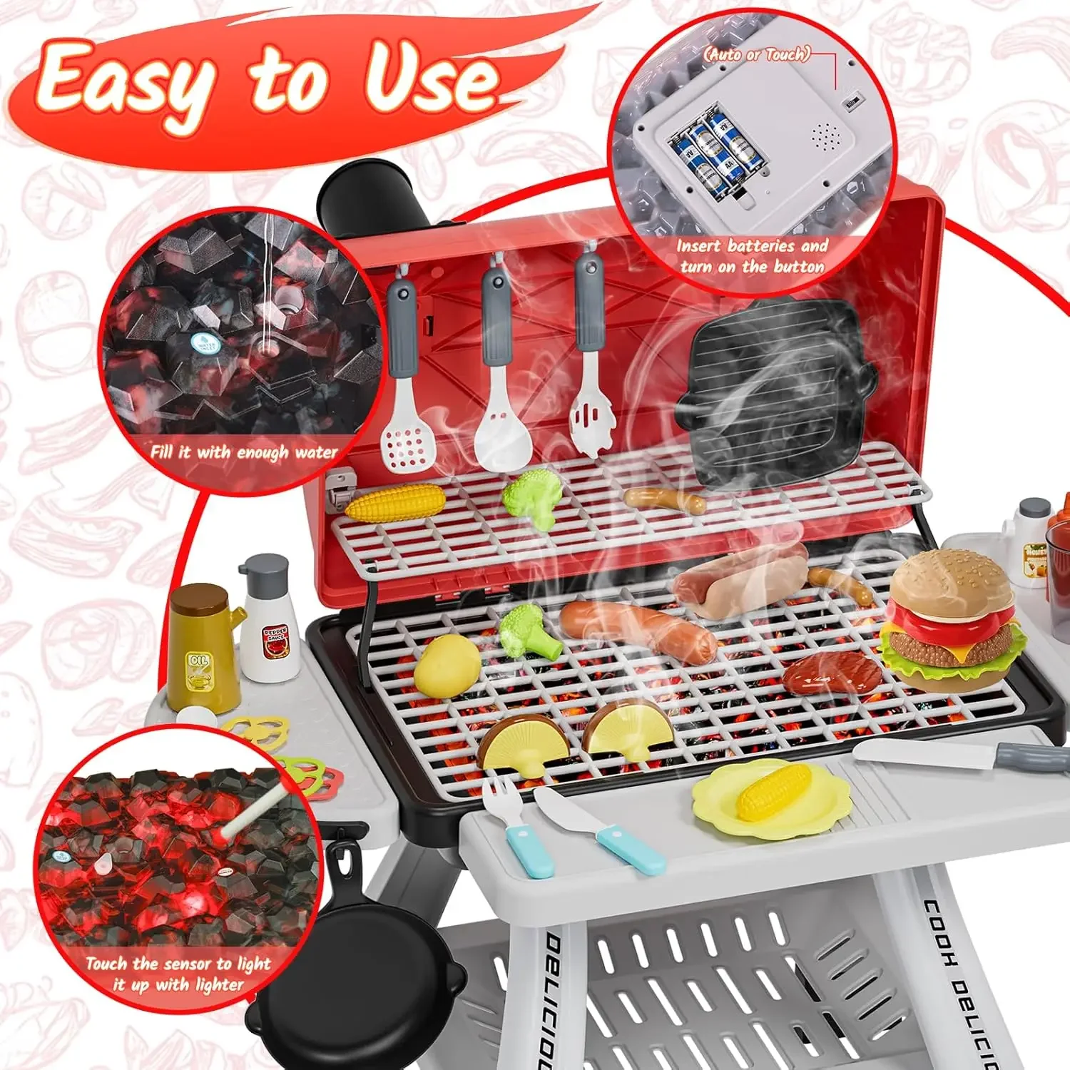 Kids Toys Kitchen Playset, BBQ Grill Playset , Pretend Play Food Toys Barbecue Cooking Game for Toddlers Boys Girls 3-5