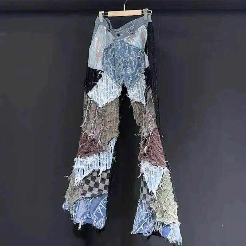 Men's Splicing Jeans High Street Autumn Heavy Industry Outdoor Wearproof Personality Cool Worn Out Denim Trousers ZA35