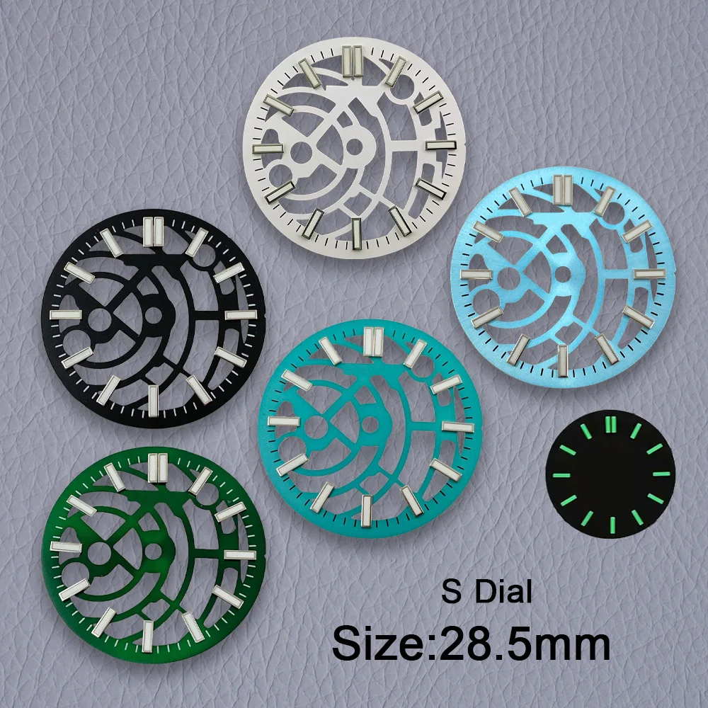 28.5 มม.S โลโก้ Hollow Out Dial Fit NH70/72 การเคลื่อนไหวสีเขียวส่องสว่างคุณภาพสูง Dial นาฬิกาการปรับเปลี่ยนอุปกรณ์เสริม