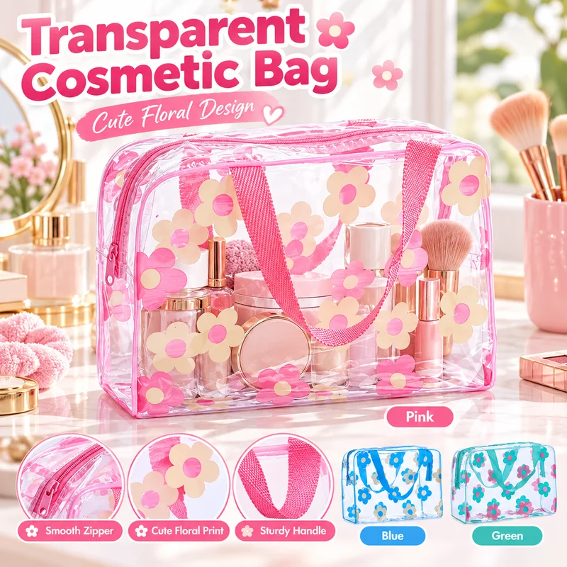 Transparent PVC Makeup Bags Portable Women's Floral Waterproof Cosmetic Bag Travel Washing Toiletry Shower Storage Pouches