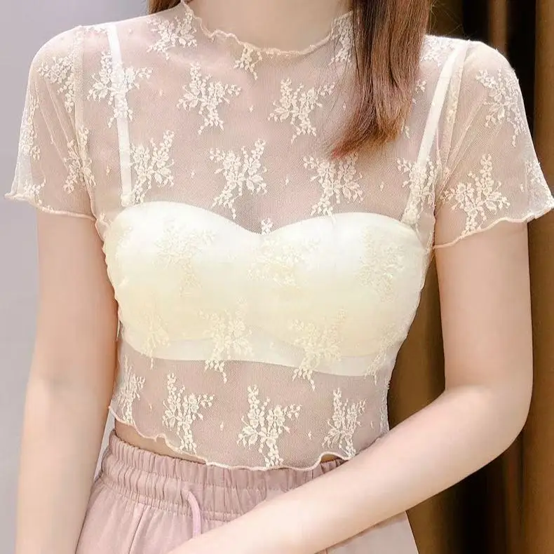 Kurzärmeliges T-Shirt mit Holzohren-Spitzenkante und hohlem Spitzenmuster, Damen-Trägerrock mit Anti-Licht-Effekt, kurzes Oberteil aus Eisseiden-Mesh – Detail 14