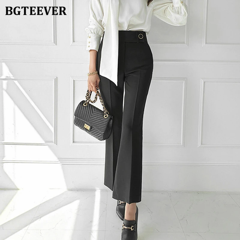 BGTEEVER Spring Summer High Waist Pockets Ladies Slim Flare Pants Elegant Single Button Female Suit Pants