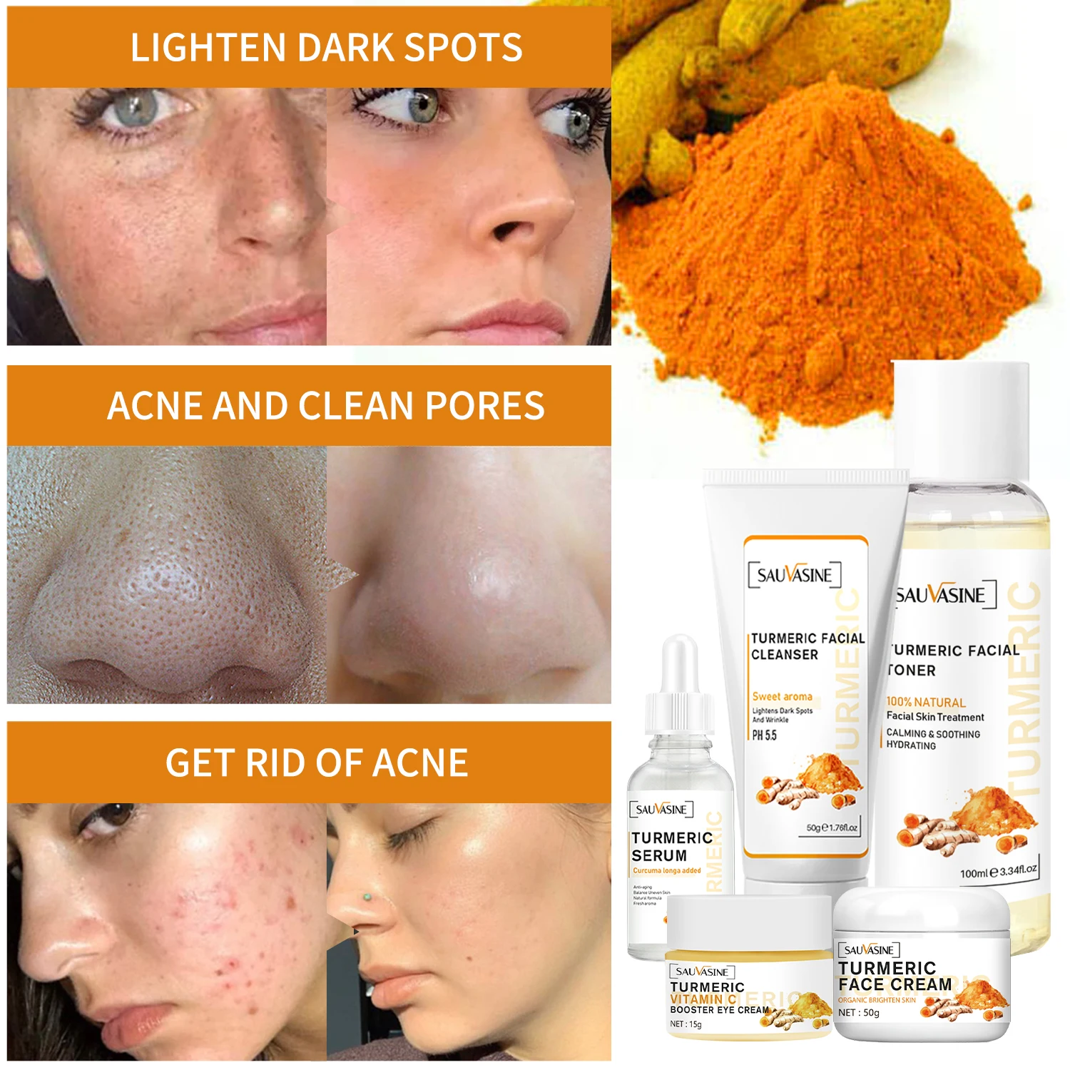 Turmeric Skin Care products Acne Dark Spot Remover Anti-Aging Anti Dullness Facial Serum Face Cream Cleanser Serum Oil Cosmetics