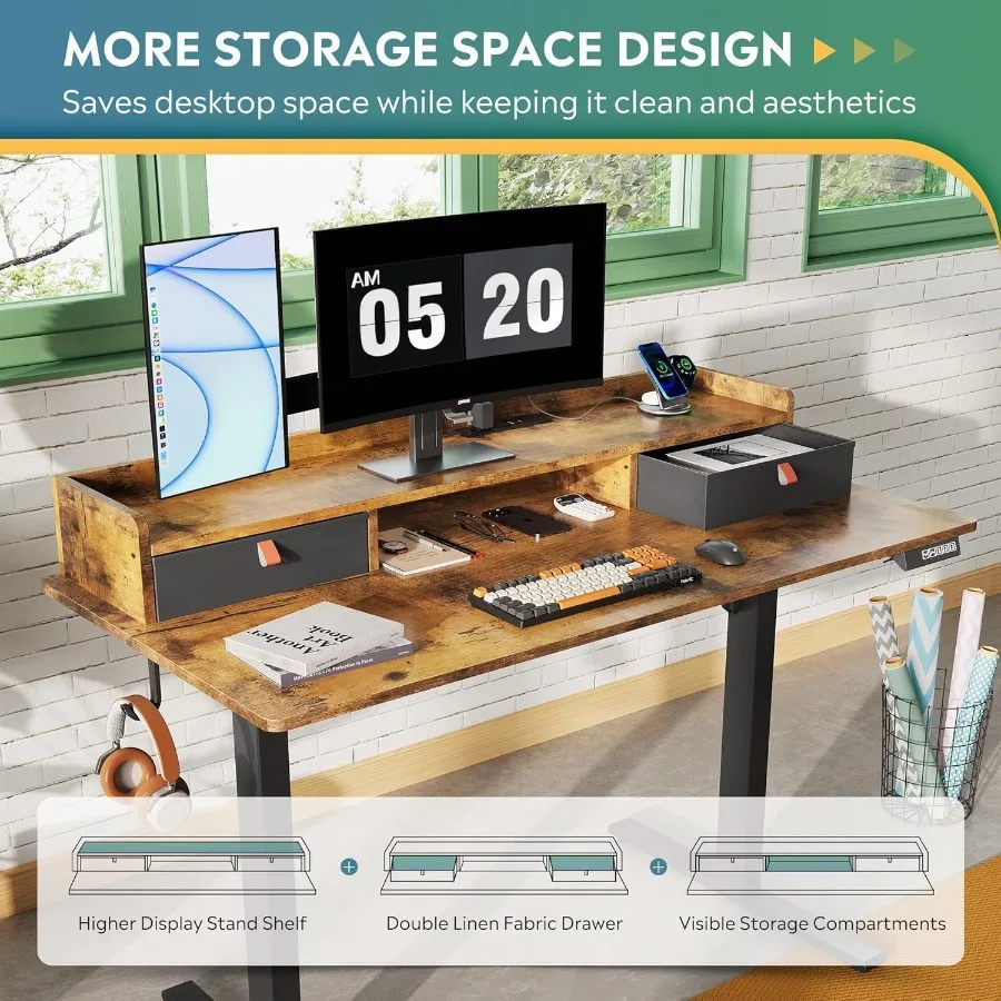 مكتب قائم كهربائي 48 × 24 Ih مع أدراج مكتب كمبيوتر مع 3 رف تخزين بارتفاع قابل للتعديل مدمج 2 تيار متردد + 2 منافذ USB #5