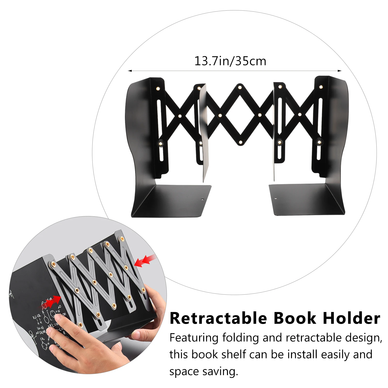 

Adjustable Retractable Bookshelf Desktop Bookcase Folding Book Holder Space Saving Iron Material Black Wrought Office Study Room