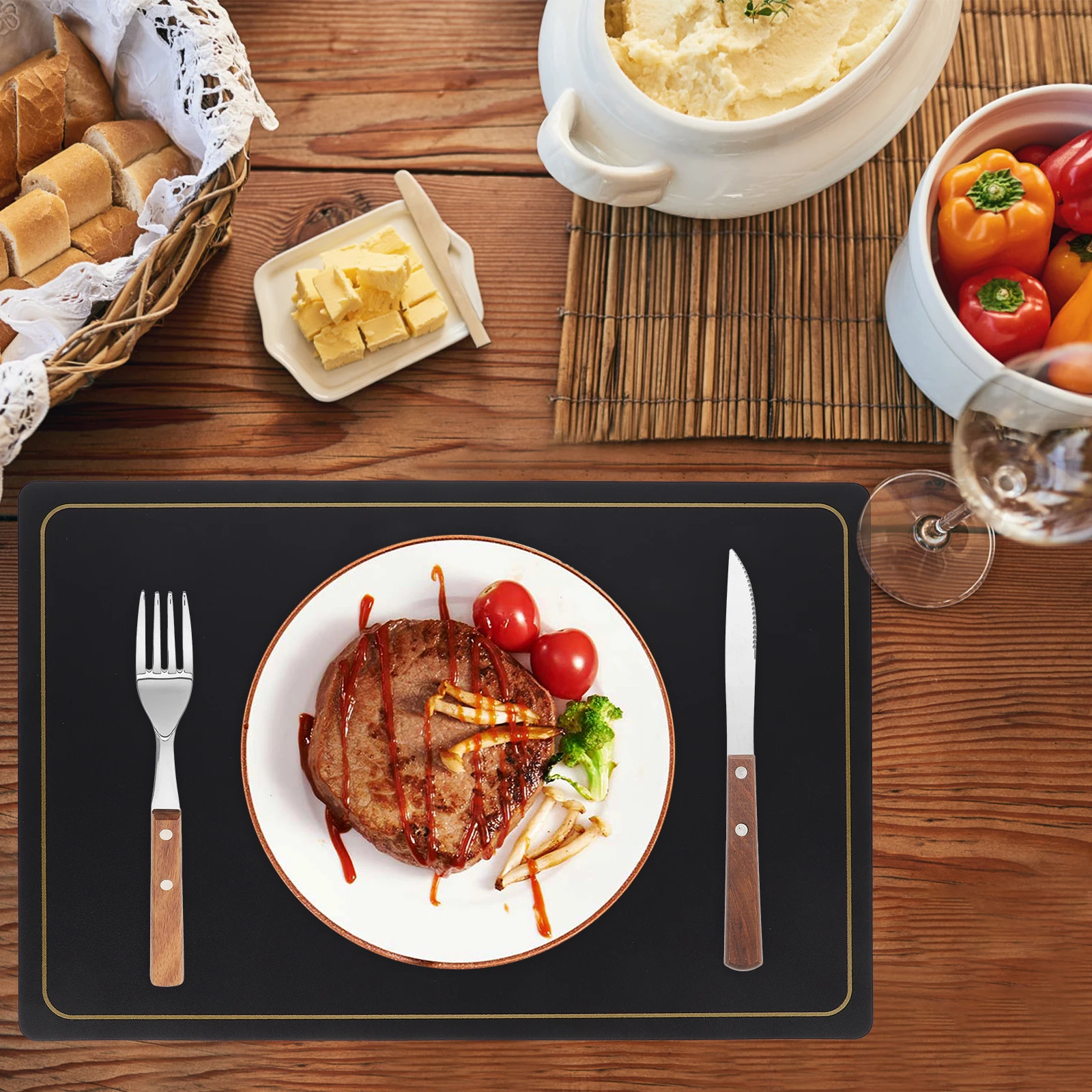 

4pcs Anti-slip Heat-insulated Placemat Black Matte PU Kitchen Table Dinner Mats Waterproof Oil-proof Easy Clean Dining