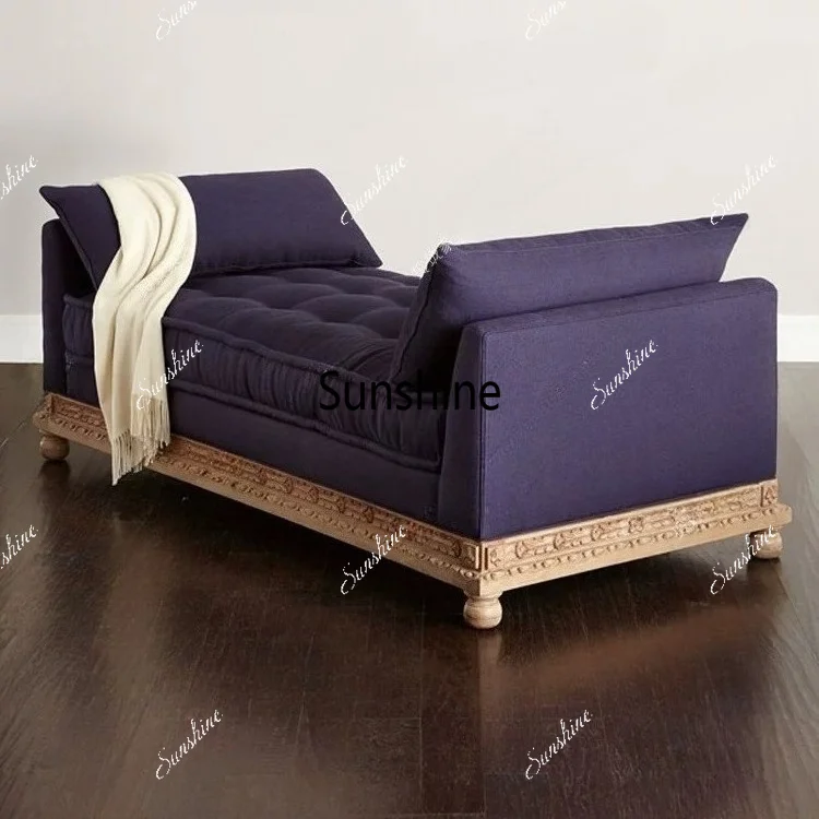 

American light luxury solid wood carving flower fabric princess chair French bedroom end stool