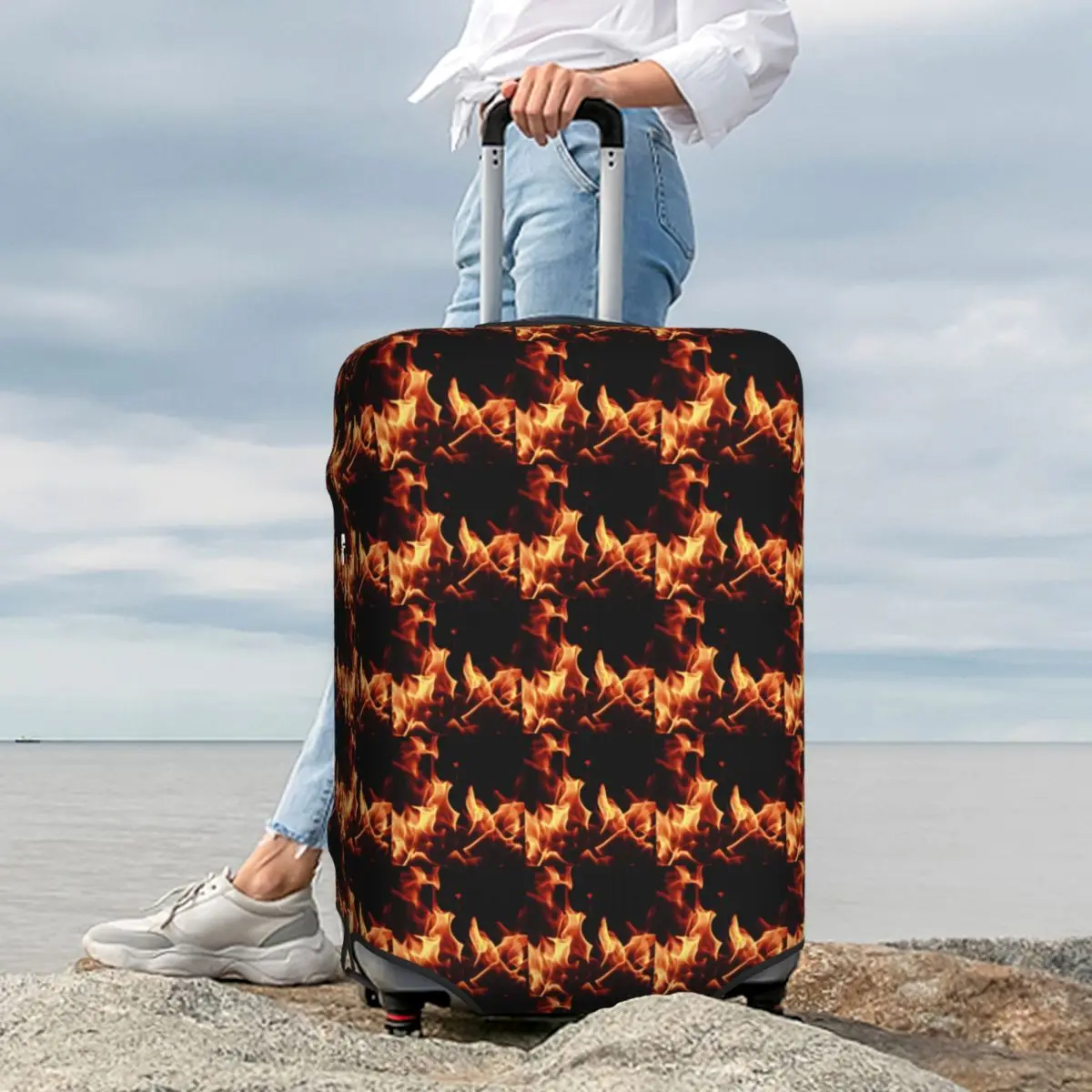 

Burning Fire With Sparks Suitcase Cover Protection Elastic Travel Luggage Protector Covers for 18-32 Inch