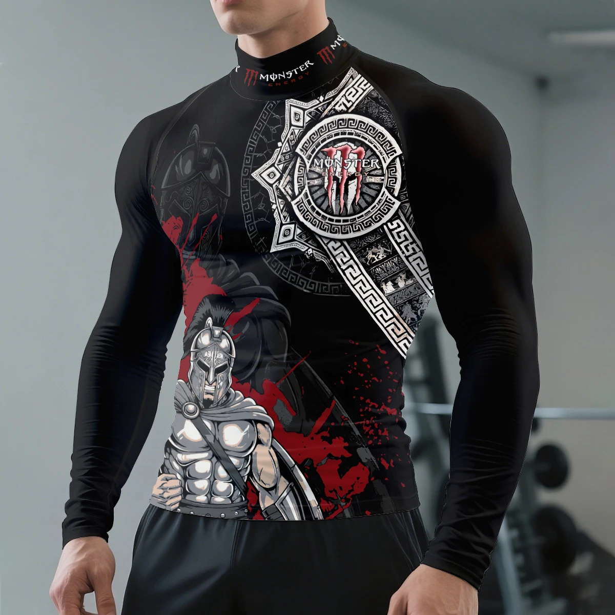 تي شيرت Monster Energy Dark Style بحبر سبلاش أحمر وزخرفة فضية من الدرع الروماني القديم المحارب الرياضي واللياقة البدنية بنصف رقبة عالية #4