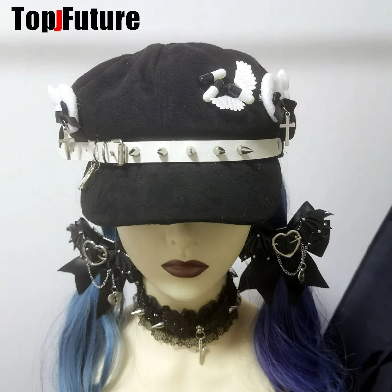 Wholesale Custom Make Customized Women Harajuku Gothic Lolita Beret hat Cap Y2K Girl Angel Wing Medical pill handmake Sun hats