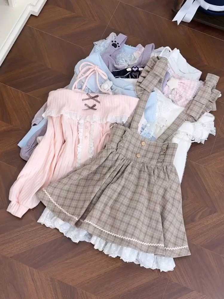 

Sweet Cute Bow Off Shoulder Top Plaid Suspender Dress Set Women Preppy Style College Outfit Elegant Two Piece Fashion 2026 New