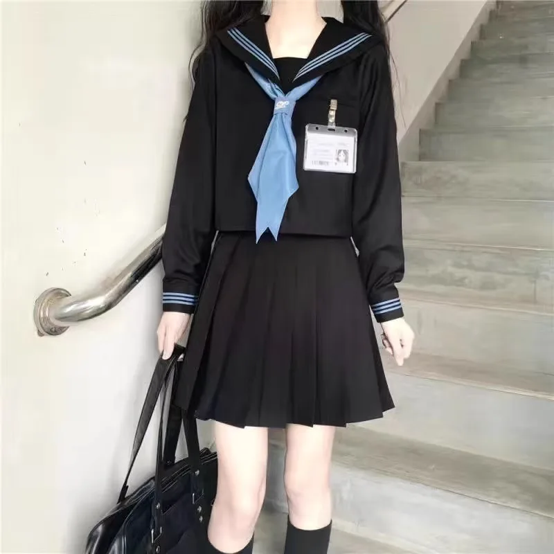 Uniforme japonês JK para menina, top e saia de manga curta longa, conjunto de emagrecimento apertado na cintura, terno de marinheiro estilo preppy, cor preta e azul combinando