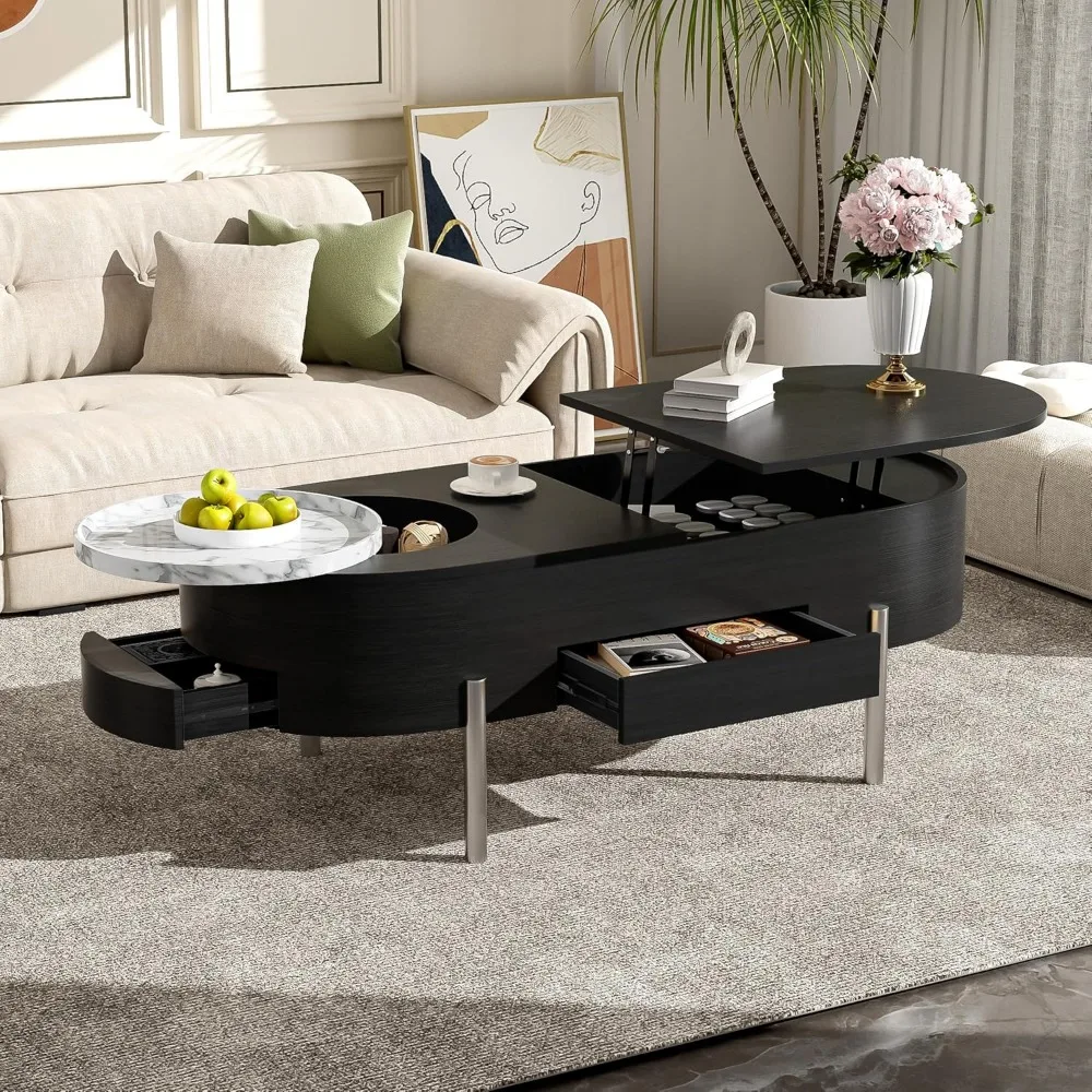 

Lift Top Coffee Table with Hidden Compartment, Modern 47.2'' Oval Wooden Center Table Cocktail Tea Table with 360-degree Marble-