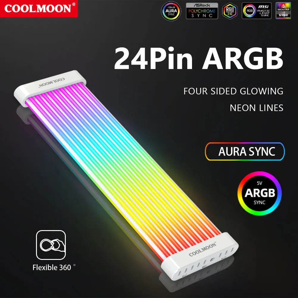 COOLMOON ARGB LED Light Strip for 24PIN/8Pin Motherboard Power Extension Cable Aura Sync Power Supply LED Strip Light DIY Kit