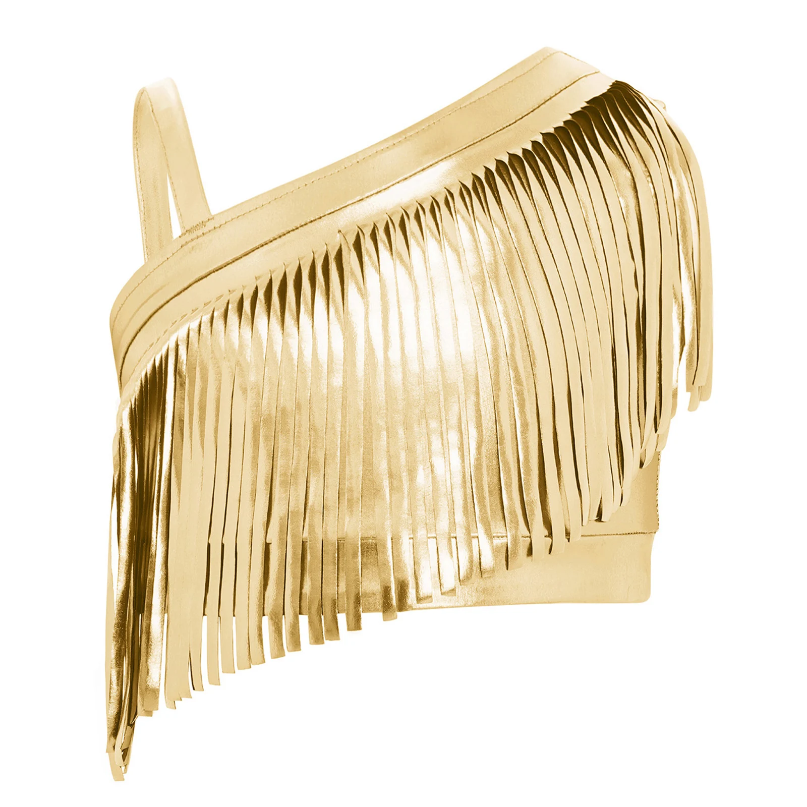 

Kids Girls Jazz Dance Outfit Asymmetrical Shoulder Metallic Tassels Crop Top/Skirt for Ballet Latin Samba Dance Competition