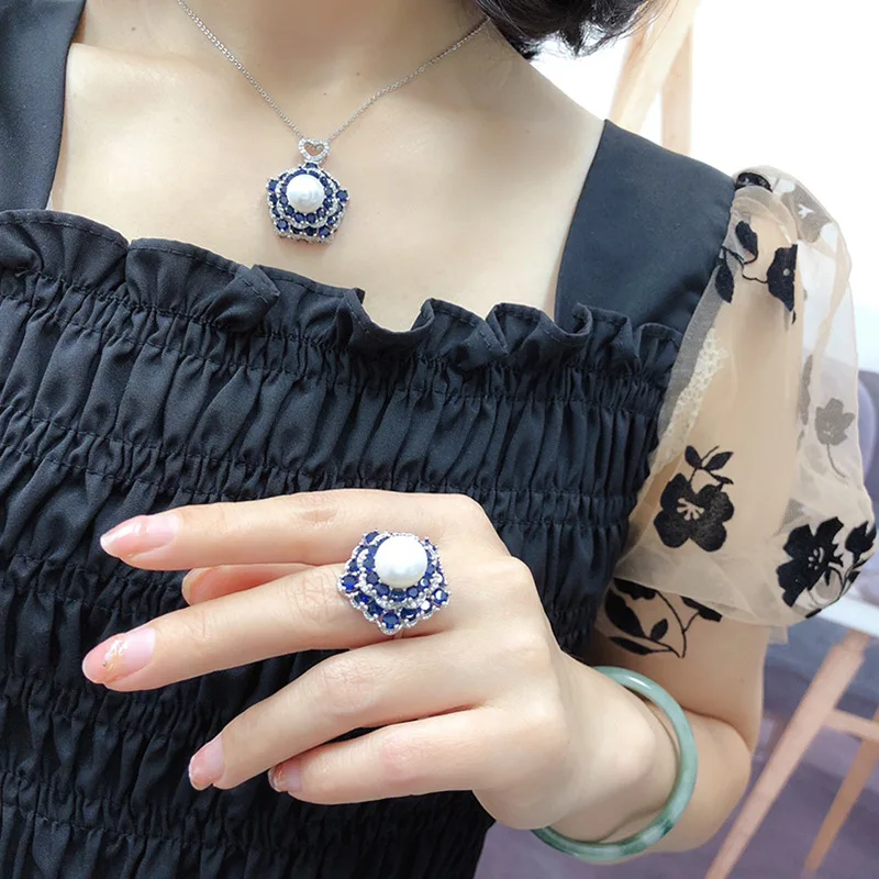 

Natural 9-10MM White Pearl Women's Versatile Smart Jewelry Sapphire with Temperament Pendant Necklace Ring Set