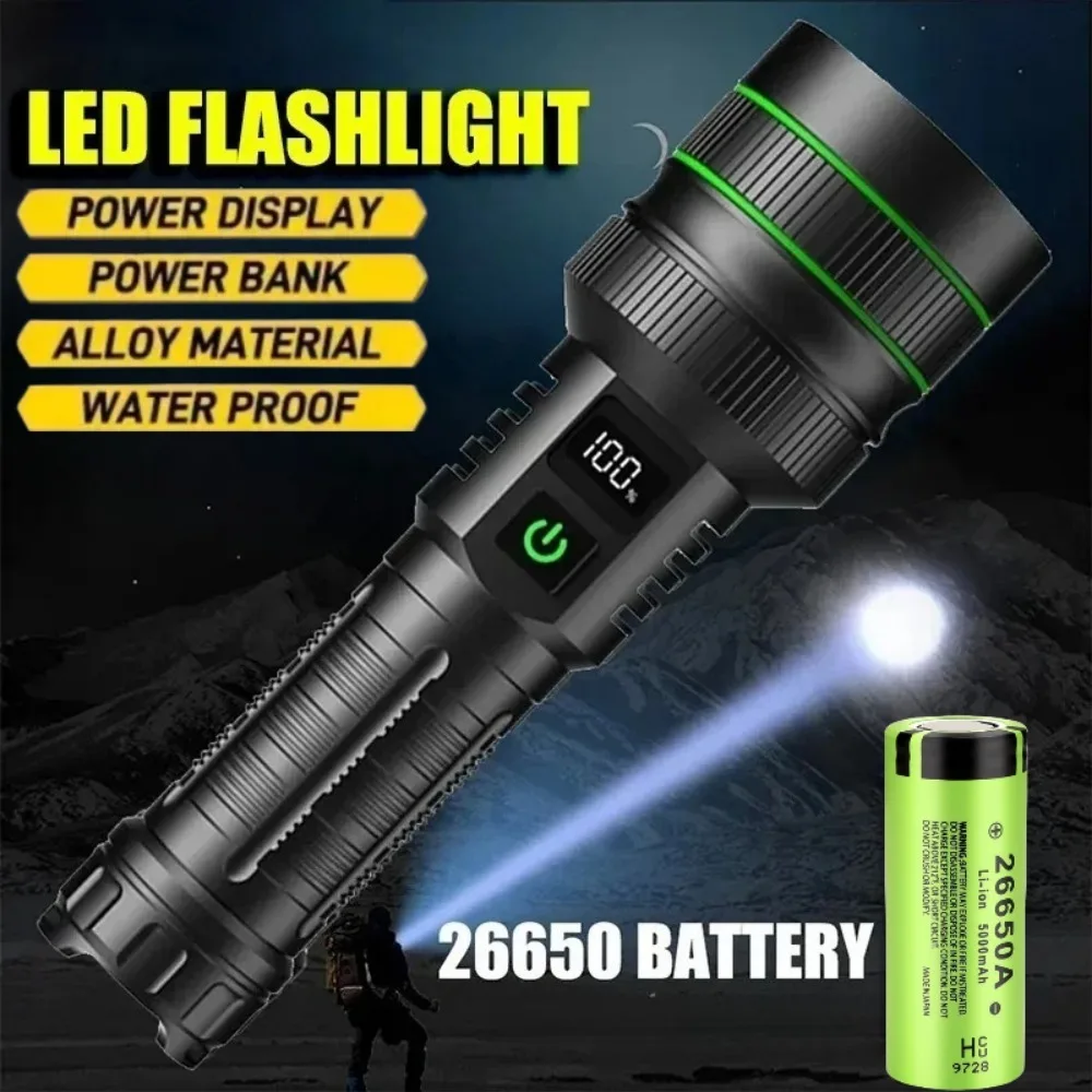 

Мощный тактический светодиодный фонарь с перезаряжаемой батареей, дальнобойный, с зумом, с функцией SOS, для работы на открытом воздухе, рыбалки, охоты, кемпинга