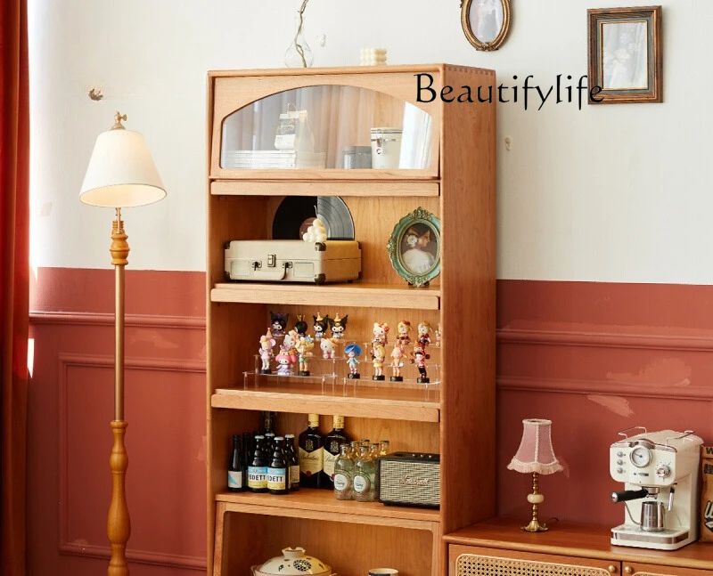 

Solid wood bookcase household small apartment retro side cabinet cherry wood modern simple glass display cabinet
