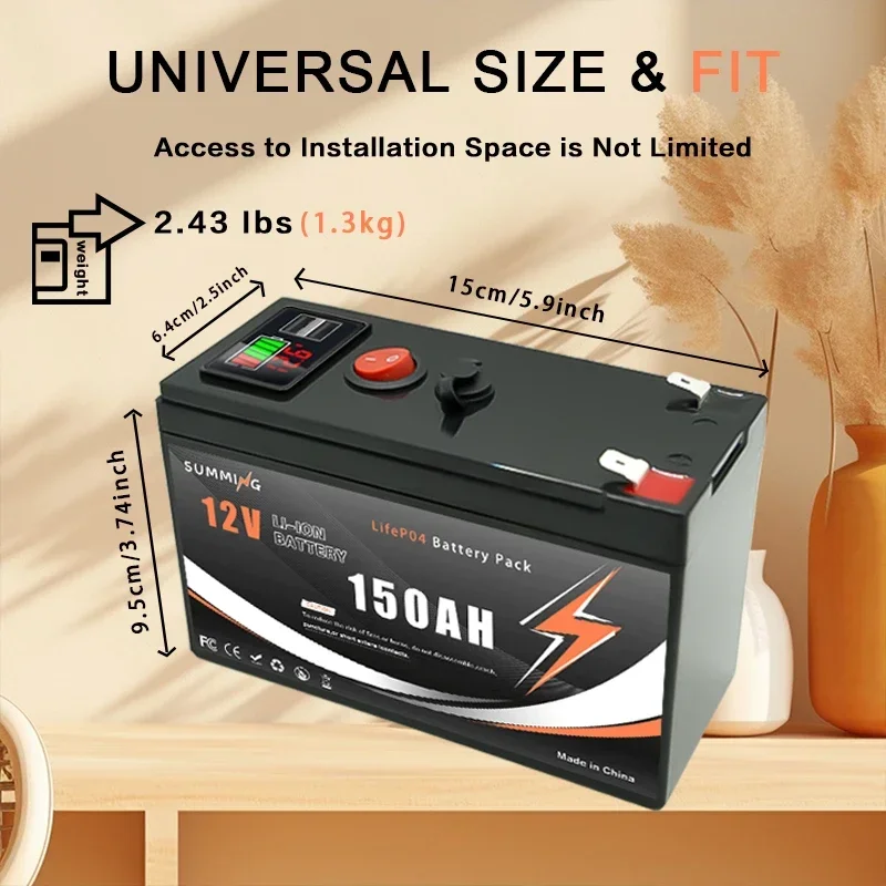 Lithium 12V 150Ah LiFePO4 Deep 4000+ Cycles Battery Rechargeable Battery for Lighting,Power Wheels ,Solar/Wind Power,Small UPS
