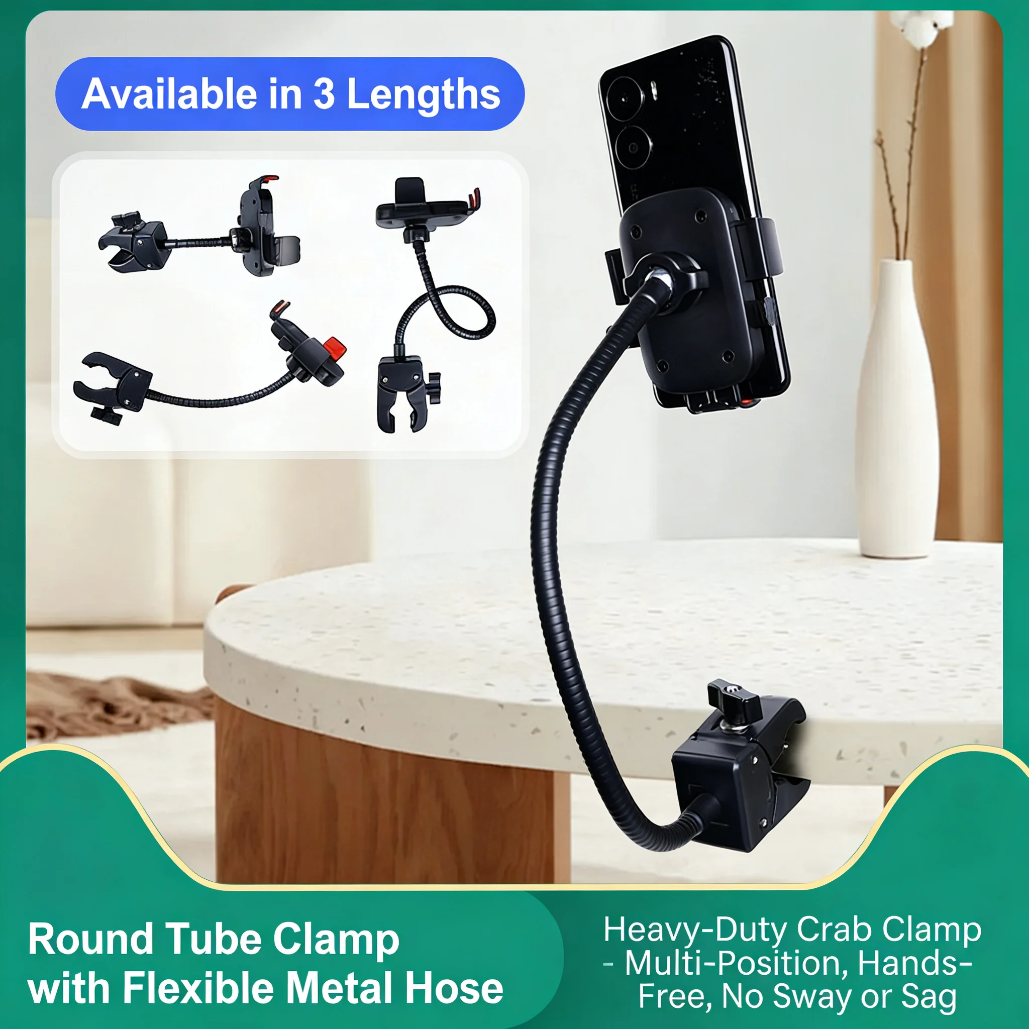 

Flexible Metal Hose Phone Mount Lazy Bedside Desk Clip Stand Universal Mobile Phone Holder with Strong Crab Clamp for Hands-Fr