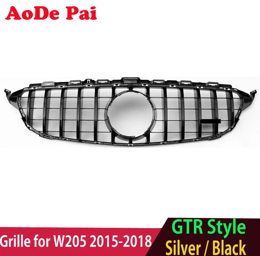 Black GT Front Bumper Grille Mesh Hood for Mercedes C Class W205 Pre-facelift 2015-2019  C43 C180 C200 C300 Without Camera