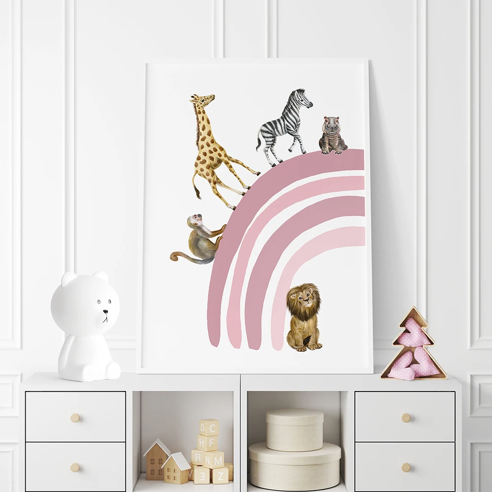Personalised Name Safari Animal Nursery Prints Beige Pink Rainbow Hot Air Balloon Decor Set Of 3 Boy Girl Birthday Gift  Posters image 3