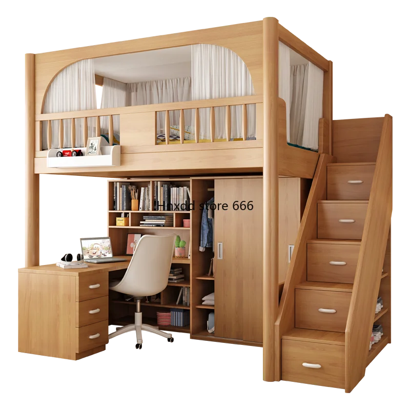 Children\'s desk integrated high and low bed with wardrobe small apartment