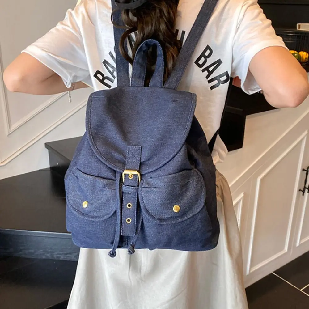 韓国スタイルのデニム巾着バックパックマルチポケット大容量オックスフォード布ショルダーバッグ防水多用途