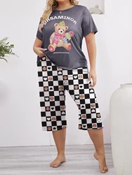 Large women's pajamas set, casual cute cartoon T-shirt&cropped pants home clothes 2-piece set