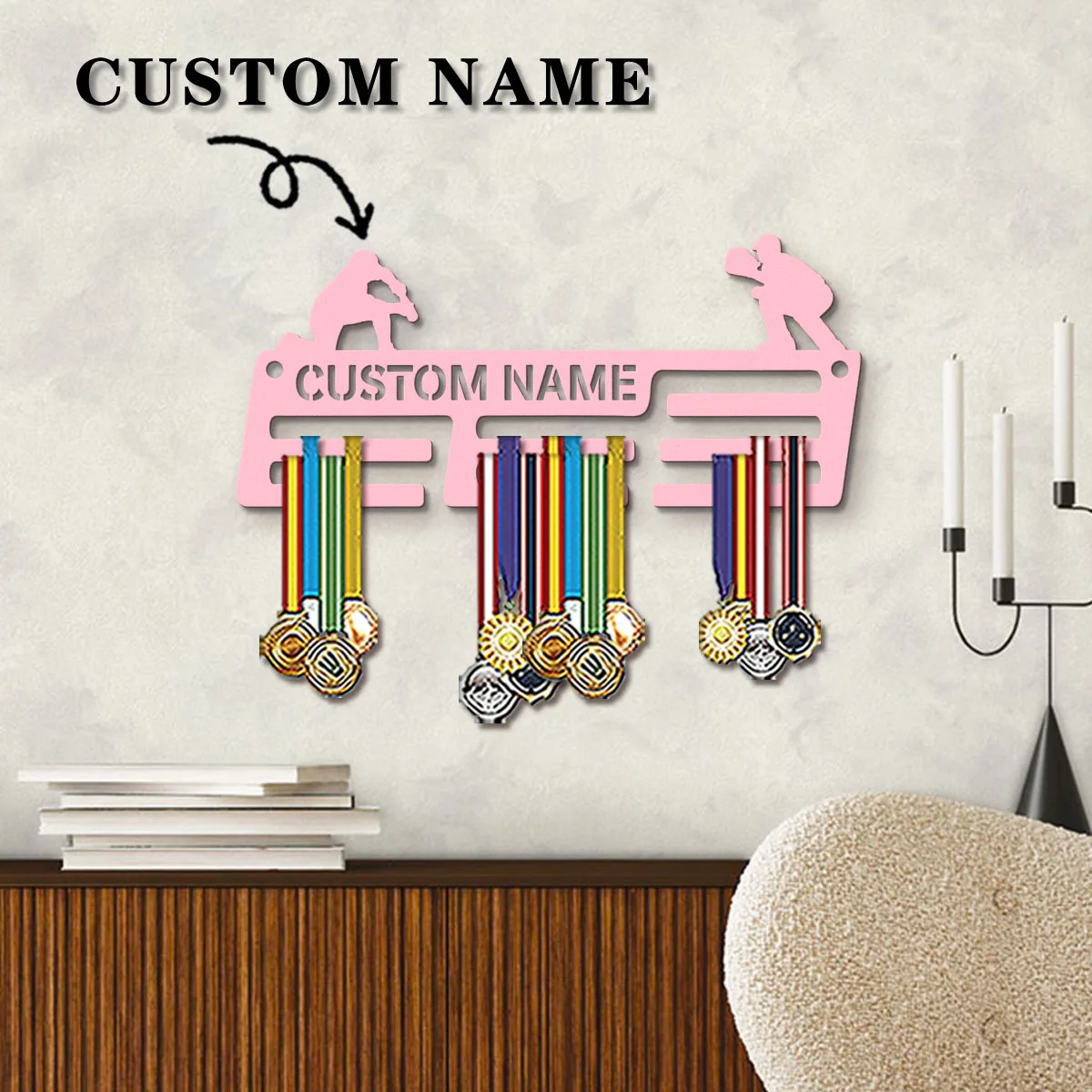 1pc Custom Wooden baseball player Medal Hanger, Personalized Medal Display Rack for Athletes,Ideal Gift for Family Friends view 4