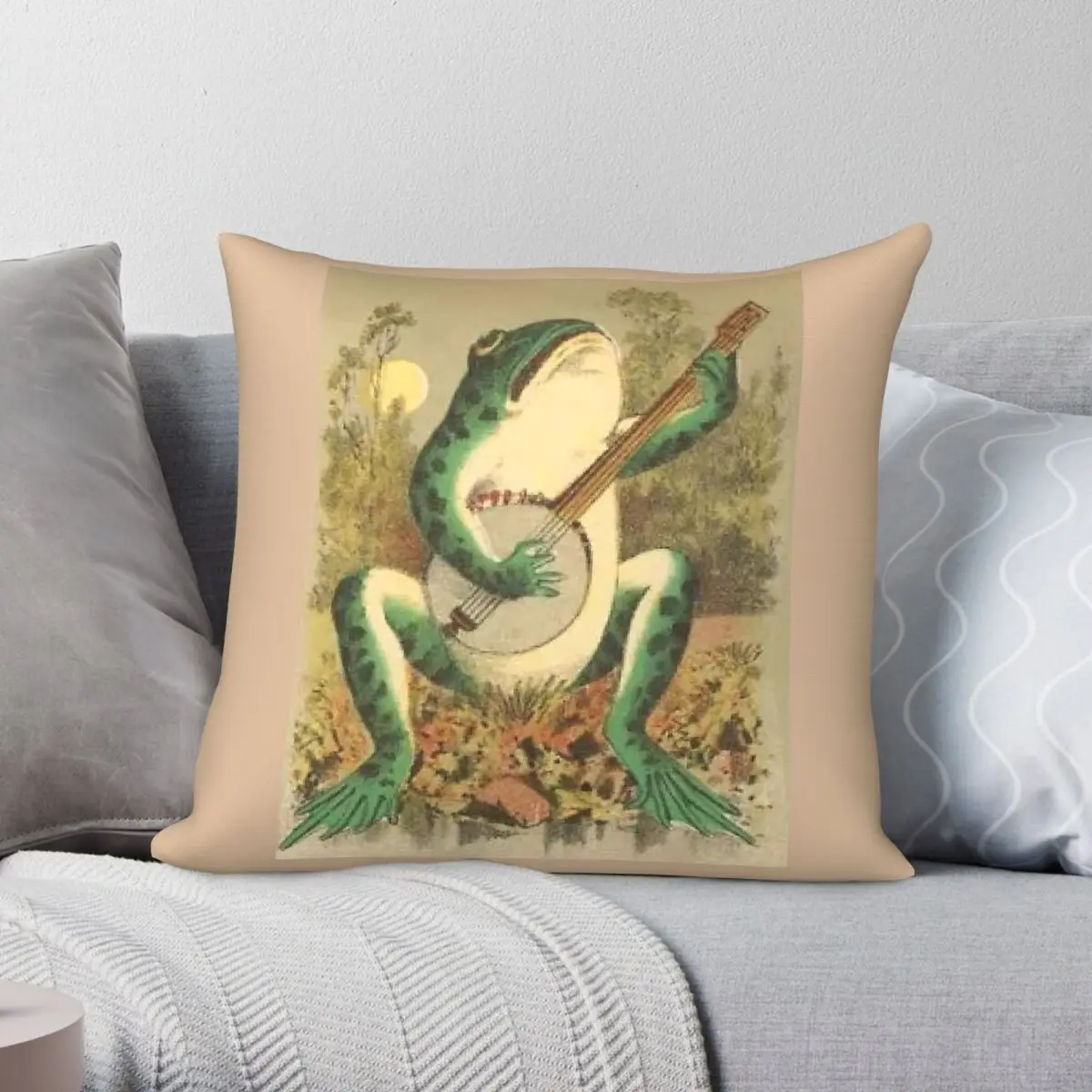 Whimsical Frog Playing The Banjo Square Pillowcase Polyester Linen Velvet Printed Decorative Throw Pillow Room Cushion Cover 18