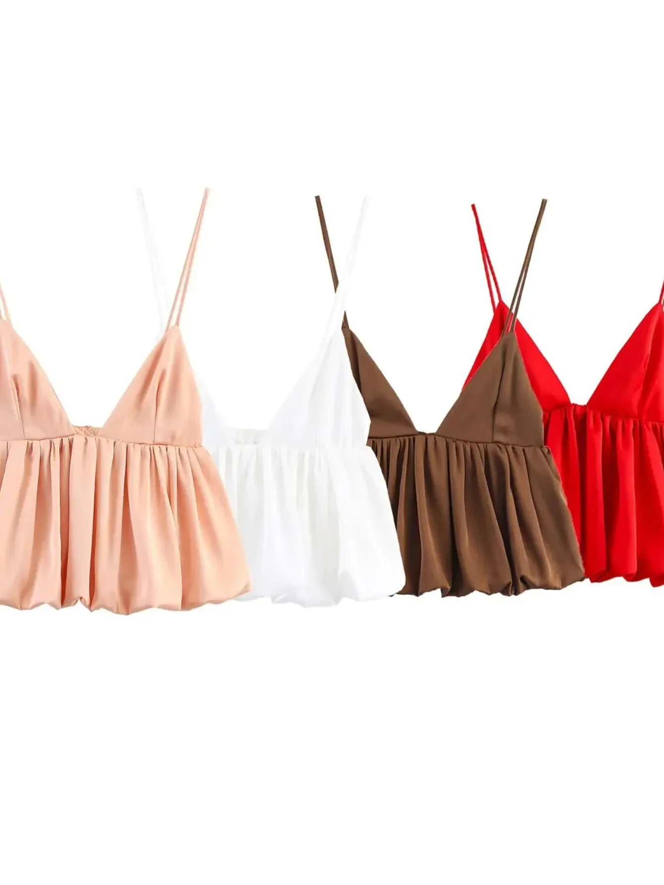 

Women's Sexy V-Neck Silk Satin Feel Puffy Sleeveless Mini Strap Top Solid Color Summer New Arrival