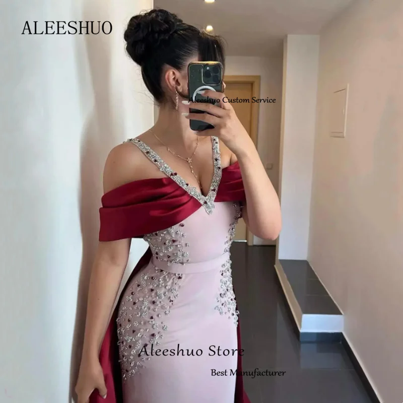 Aleeshuo Luxury Arabic Pink Burgundy Mermaid Evening Dress Beading Appliques Spaghetti Strap Formal Women Prom Party Gowns 2024