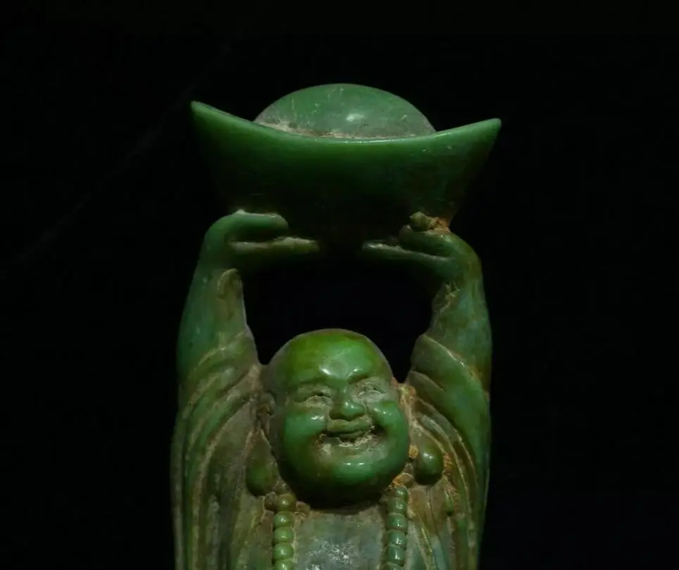 Old Chinese Natural Green Jade Carving Wealth Happy Laugh Maitreya Buddha Statue