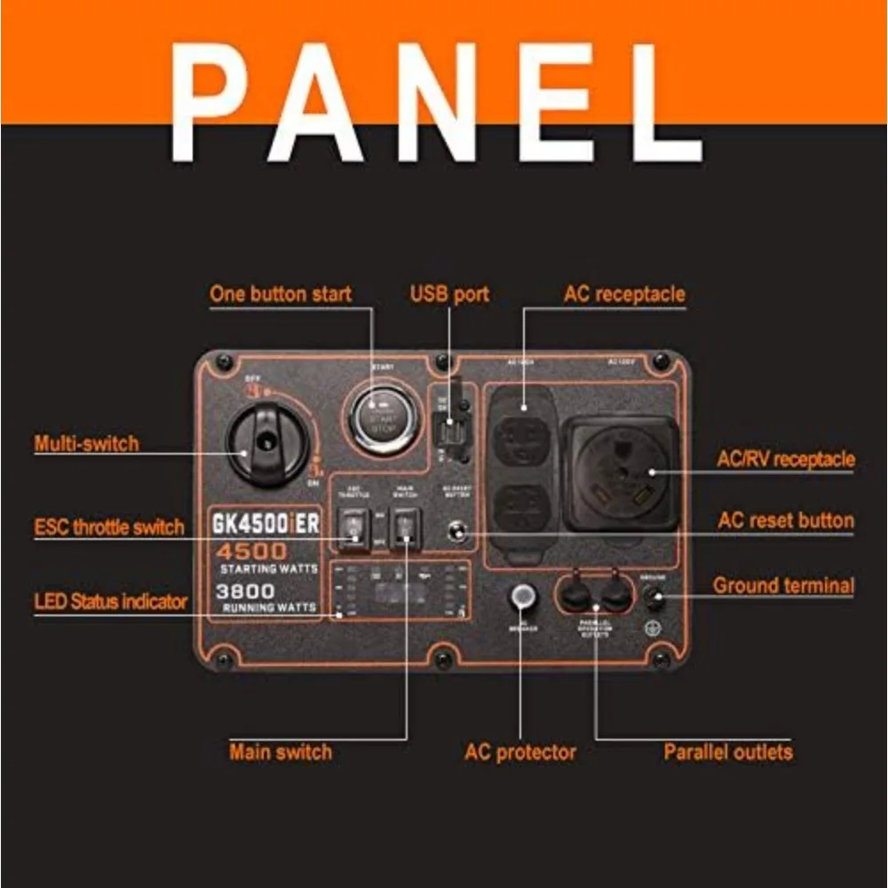 Gerador inversor portátil de 4500 watts, partida elétrica + controle remoto ultra silencioso para trailer pronto, uso doméstico, gerador